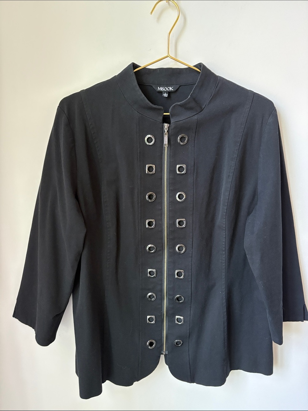 Misook Grommet Zip Front Jacket Blazer Black Stretch Career Event Travel Size L